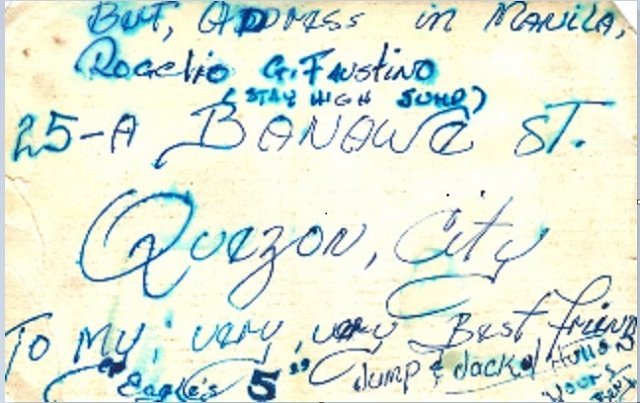 Writing on the back of the Eagles 5 picture - The band leaders name and address and a salutation to jump, Jack and Hutton